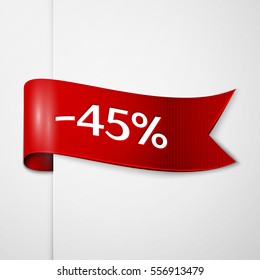 Red ribbon with inscription 45 percent discounts on grey background. Vector illustration.