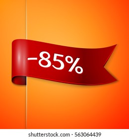 Red ribbon with inscription 85 percent discounts on orange background. Vector illustration.