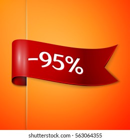 Red ribbon with inscription 95 percent discounts on orange background. Vector illustration.