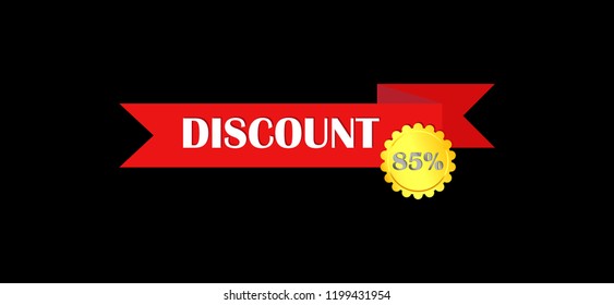 Red ribbon with the inscription discount and gold medallion with a value of 85 percent