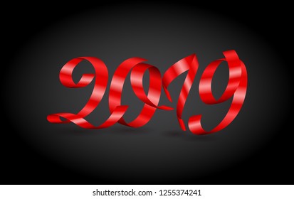 Red ribbon Inscription Happy new year 2019 on black background. Colorful inscription with 3d effect. Vector illustration. Red ribbon 2019