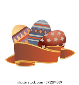 Red ribbon for inscription on the background of three colored eggs in the calm ethnic color. Easter Holiday. Vector illustration, isolated on a white background.