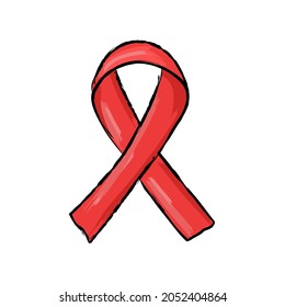 Red Ribbon Isolated For HIV Awareness. Vector Hand Drawn Illustration. Doodle Style. Design Element.