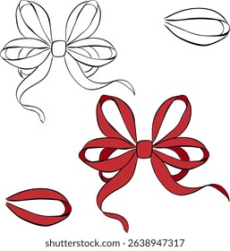Red Ribbon isolated on transparent background. Vector graphic line ink illustration. Red Silk Ribbon, Perfect for cards, decorations, stickers, logo, menu, various designs.
