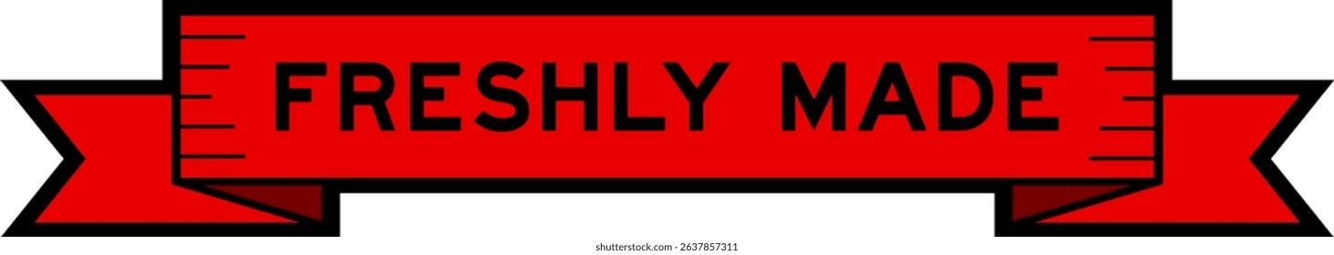 Red ribbon label banner with word freshly made on white background