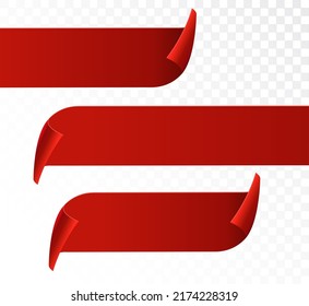 Red ribbon label tag banner. Vector 3d red ribbon sticker flag bookmark silk isolated background design label