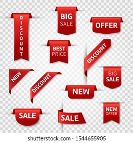 Red ribbon labels. Big sale, new offer and best price, discount silk scarlet promotional event banners. Isolated vector limited shopping exclusive stickers and badges templates