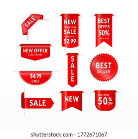Red ribbon labels. Big sale, new offer and best price, discount promotional event banners. Isolated vector limited shopping exclusive stickers and badges templates.
