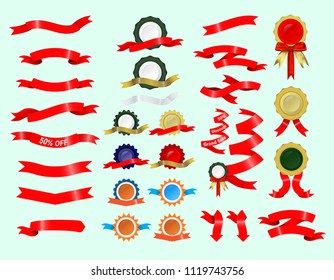 red ribbon and  labels on light green background, vector design.