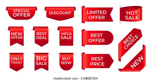 Red Ribbon Labels. Shopping Exclusive Stickers And Big Sale Tag, New Offer, Discount. Silk Scarlet Promotional Event Banners Vector Template. Best Deal, Buy Now Bookmarks Isolated On White