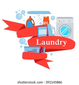 Red Ribbon laundry. Washing machine and laundry detergent. Vector illustration