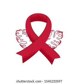 Red ribbon with leaves as a symbol HIV and AIDS, World Cancer day. Vector medical illustration isolated from white background