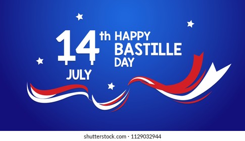 Red ribbon and Lettering 14th july happy bastille day with blue background