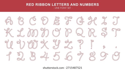 Conjunto de fontes de linha de faixa vermelha com letras alfabéticas estilosas A-Z, números 0-9 e sinais de pontuação em uma forma de faixa vermelha.