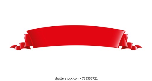 Red ribbon. Long volume curved semicircle arc strip, tape of fabric or paper with curly edges. Decorative design element. Silk elegant retro ribbon with empty space for title writing. Isolated vector