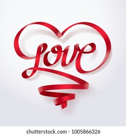 Red ribbon of Love calligraphy and lettering, valentine's day and romance concept, vector art and illustration.