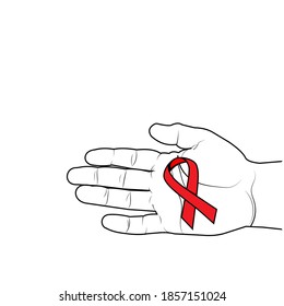 red ribbon lying on a man's hand drawn in outline, color isolated vector illustration in flat style on a white background, banner, poster, training, tutorial, clipart, information
