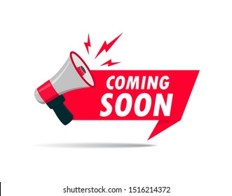 Red ribbon with megaphone and text. Announce promote poster with megaphone for retail, shop, business, advertising. Flat promo label with coming soon for sale.New arrival icon. vector eps10