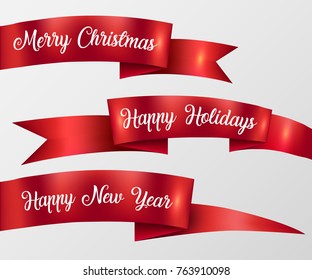 Red ribbon Merry Christmas, Happy Holidays, Happy New Year badge emblem banner set. Red sign isolated. Vector illustration realistic style.