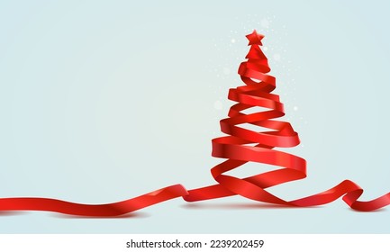 Red ribbon Merry Christmas tree, art decoration. Vector illustration