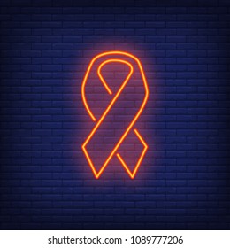 Red ribbon neon sign element. World aids day concept for night bright advertisement. Vector illustration in neon style for health care events, disease prevention