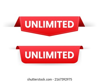 Red ribbon on Unlimited text on white background. Promotion sign. Vector stock illustration