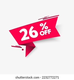 Red ribbon on a white background. Sticker. Text. 26% off. Vector illustration.