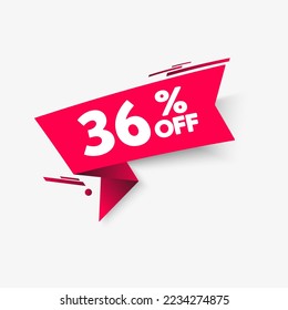 Red ribbon on a white background. Sticker. Text. 36% off. Vector illustration.