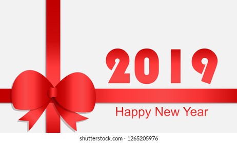 Red ribbon on a white box with happy new year 2019. Vector illustration in trendy flat design card. Background copy space for text.