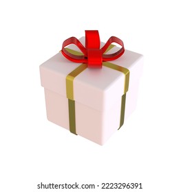 Red ribbon on a white present box with a gold sidebar