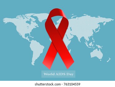 Red ribbon on a world map on a blue background awareness World AIDS Day on December 1.