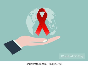 Red ribbon on a world map on a blue background awareness World AIDS Day on December 1.