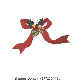 Red ribbon with pinecone and pine branch single object illustration transparent