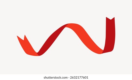Red ribbon with pointed ends forms a wavy, flowing shape against a plain background. The ribbon's vibrant red color stands out, creating a dynamic visual effect. Cute ribbon vector.