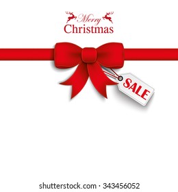 Red ribbon with price sticker and text merry christmas. Eps 10 vector file.