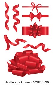 Red Ribbon- realistic modern vector set of different shape objects. White background. Use this quality clip art elements for your design, decorate a present.