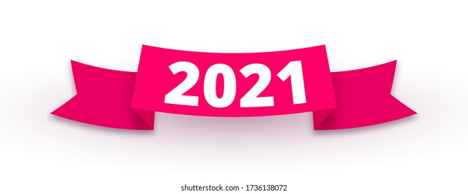 Red ribbon with realistic shadow and number 2021 isolated on white background. Happy New Year and Merry Christmas decorative design element. Vector illustration for web, design, advert, app