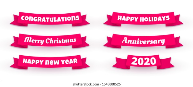 Red ribbon with realistic shadow and text isolated on white background set. Merry Christmas, Happy New Year 2020, Congratulations, Anniversary,Holidays decorative design element. Vector illustration