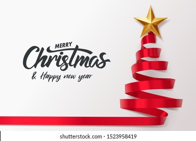 Red ribbon roll to made Christmas tree form with golden star and Merry Christmas and happy new year calligraphy, vector art and illustration.