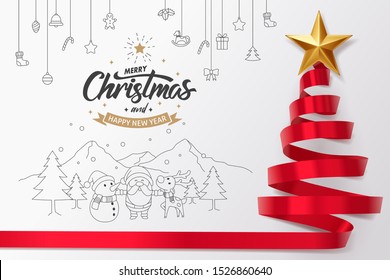 Red ribbon roll to made Christmas tree form with golden star and Merry Christmas and happy new year calligraphy, vector art and illustration.