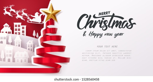 Red ribbon roll to made Christmas tree form with paper art of Santa Claus and Merry Christmas and happy new year calligraphy, vector art and illustration.