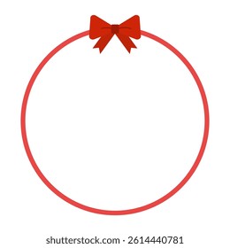 Red ribbon round border frame template. Holiday celebration, gift, anniversary concepts. Flat decorative vector design isolated illustration.