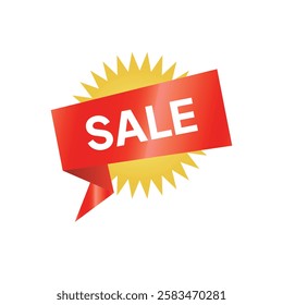 A red ribbon with SALE in white text sits in front of a yellow starburst shape