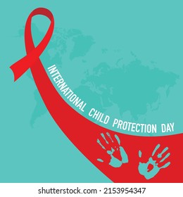 Red ribbon and sample awareness text. Blue background for international children protection day