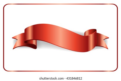 Red ribbon. Satin bow blank banner. Design label scroll blank element, isolated on white background.  Empty template for greeting, placard or advertising. Symbol for decoration. Vector illustration.