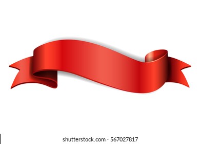 Red ribbon. Satin bow blank banner. Design label scroll blank element, isolated white background. Empty template for greeting, placard, advertising. Symbol for decoration Vector illustration