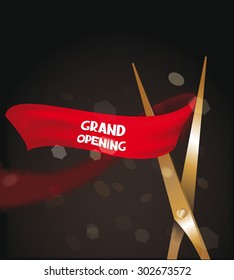 Red ribbon and scissors. Grand opening card
