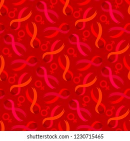 Red ribbon seamless pattern. Ribbons, venus and mars symbol vector background.
