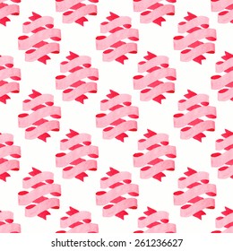 Red ribbon. Seamless watercolor pattern with ribbons on the white background, aquarelle. Vector illustration. Hand-drawn original fruit background. Useful for invitations, scrapbooking, design.