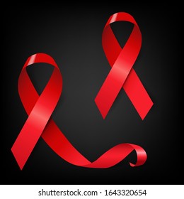 Red Ribbon Set Aids Day Illustration Black Background With Gradient Mesh, Vector Illustration